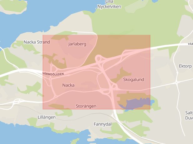 Karta som med röd fyrkant ramar in Fisksätra, Trafikplats Skvaltan, Nacka, Stockholms län
