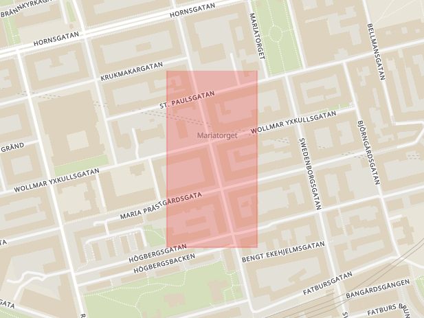 Karta som med röd fyrkant ramar in Wollmar Yxkullsgatan, Mariatorget, Stockholm, Stockholms län