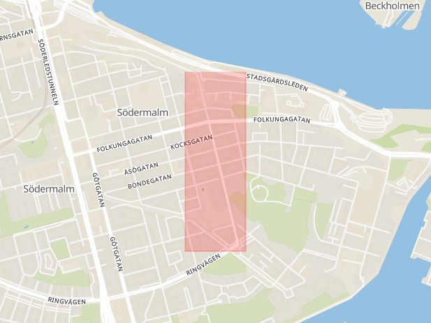 Karta som med röd fyrkant ramar in Södermalm, Renstiernas Gata, Stockholm, Stockholms län