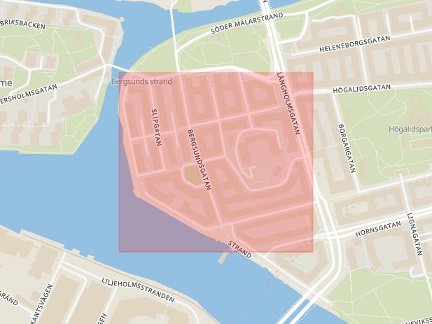 Karta som med röd fyrkant ramar in Hornstull, Bergsunds Strand, Stockholm, Stockholms län