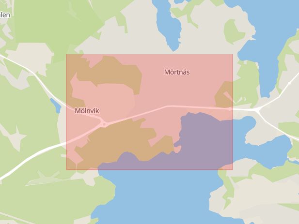 Karta som med röd fyrkant ramar in Mörtnäs, Mölnvik, Värmdö, Stockholms län