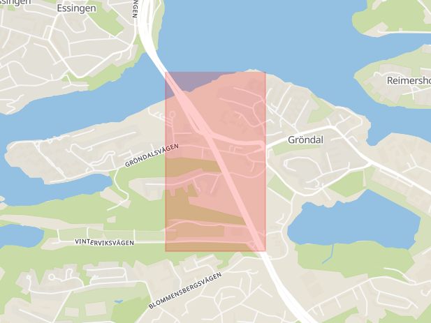 Karta som med röd fyrkant ramar in Gröndal, Essingeleden, Stockholms län