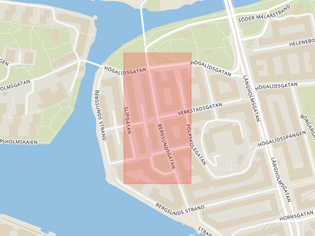 Karta som med röd fyrkant ramar in Hornstull, Bergsundsgatan, Verkstadsgatan, Stockholm, Stockholms län