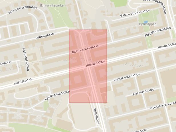 Karta som med röd fyrkant ramar in Södermalm, Hornsgatan, Ringvägen, Stockholm, Stockholms län