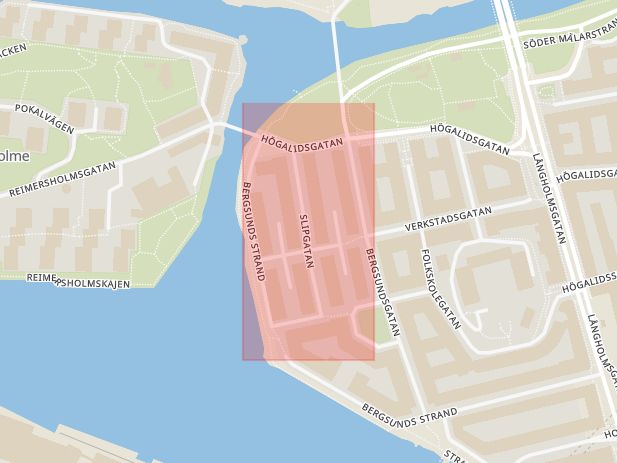 Karta som med röd fyrkant ramar in Södermalm, Slipgatan, Stockholm, Stockholms län