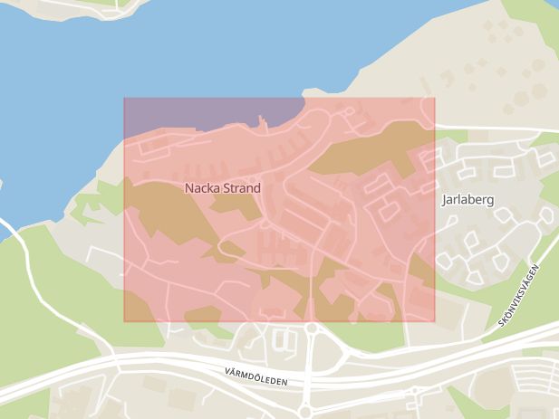 Karta som med röd fyrkant ramar in Augustendalsvägen, Nacka, Stockholms län