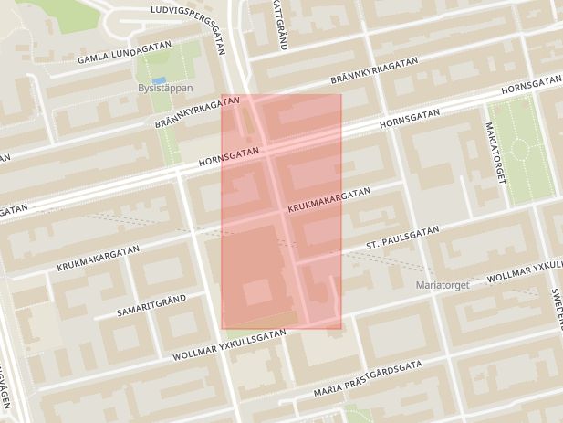 Karta som med röd fyrkant ramar in Södermalm, Krukmakargatan, Torkel Knutssonsgatan, Stockholm, Stockholms län