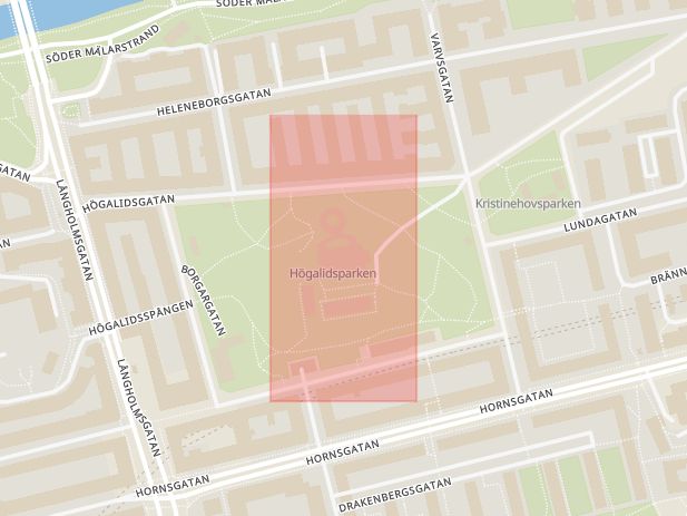 Karta som med röd fyrkant ramar in Södermalm, Högalidskyrkan, Stockholm, Stockholms län