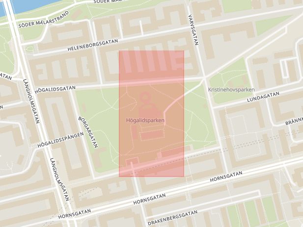 Karta som med röd fyrkant ramar in Södermalm, Högalid, Stockholm, Stockholms län