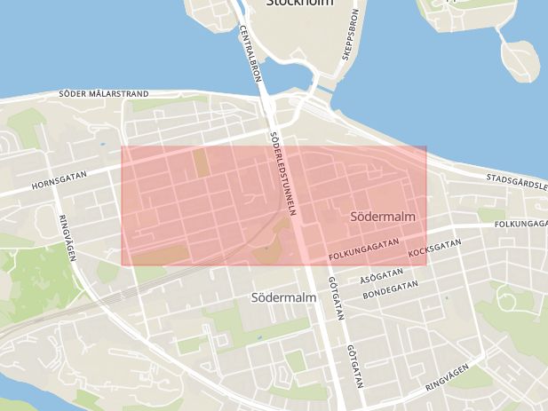 Karta som med röd fyrkant ramar in Södermalm, Högbergsgatan, Stockholm, Stockholms län