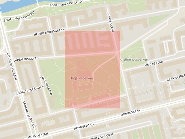 Karta som med röd fyrkant ramar in Södermalm, Högalids Kyrkväg, Långholmsbron, Stockholm, Stockholms län