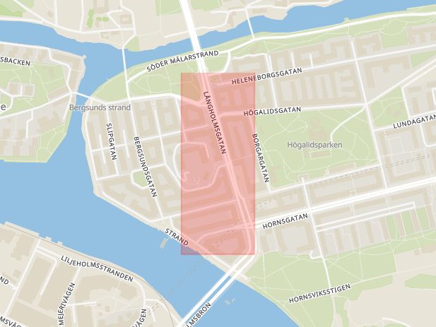 Karta som med röd fyrkant ramar in Södermalm, Långholmsgatan, Stockholm, Stockholms län