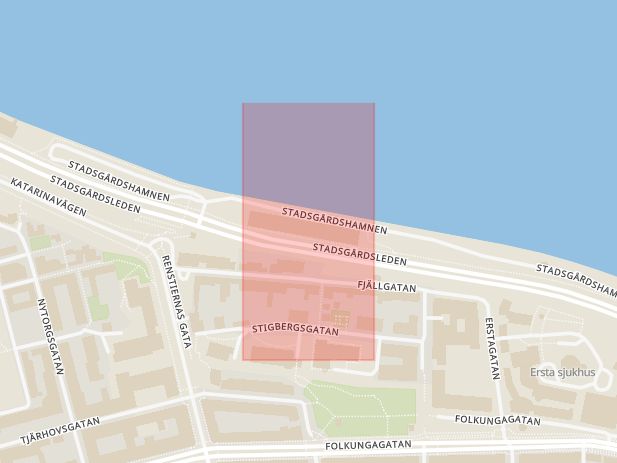 Karta som med röd fyrkant ramar in Stadsgårdshamnen, Fotografiska, Stockholm, Stockholms län