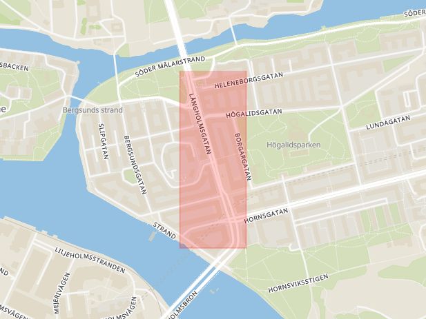 Karta som med röd fyrkant ramar in Södermalm, Långholmsgatan, Stockholm, Stockholms län