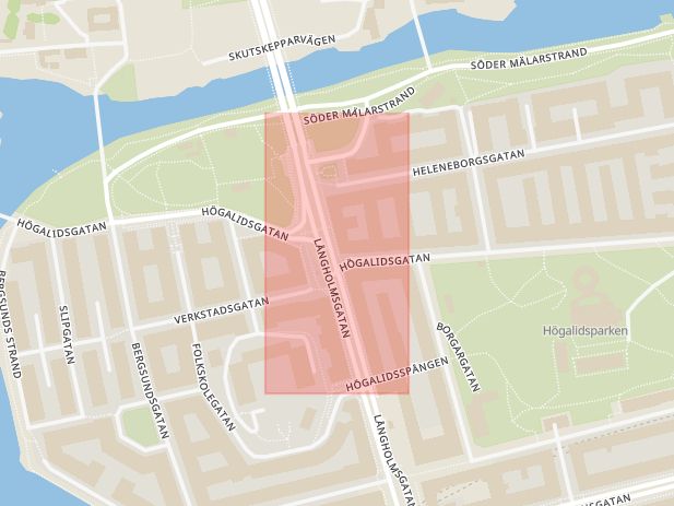 Karta som med röd fyrkant ramar in Hornsgatan, Långholmsgatan, Ringvägen, Hornstull, Stockholm, Stockholms län