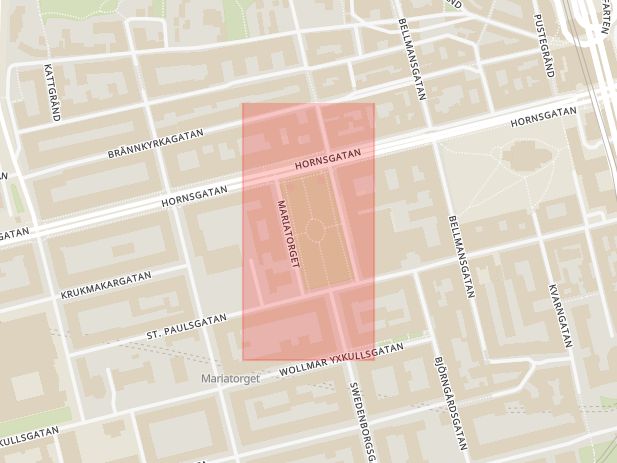 Karta som med röd fyrkant ramar in Södermalm, Mariatorget, Stockholm, Stockholms län