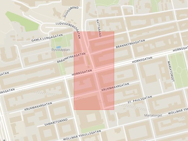 Karta som med röd fyrkant ramar in Södermalm, Hornsgatan, Torkel Knutssonsgatan, Stockholm, Stockholms län