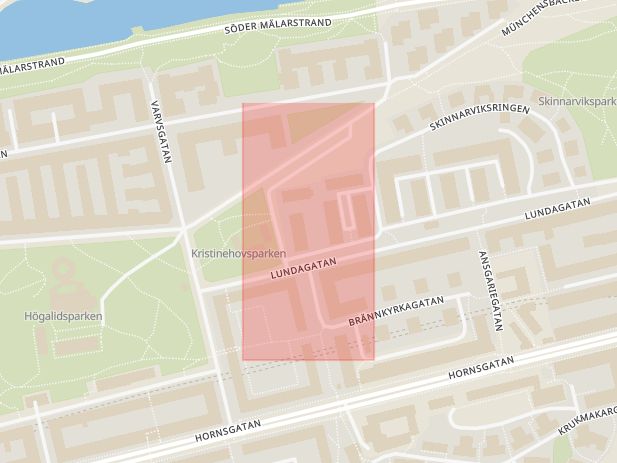 Karta som med röd fyrkant ramar in Kristinehovsgatan, Stockholm, Stockholms län
