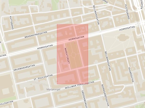 Karta som med röd fyrkant ramar in Mariatorget, Södermalm, Stockholm, Stockholms län