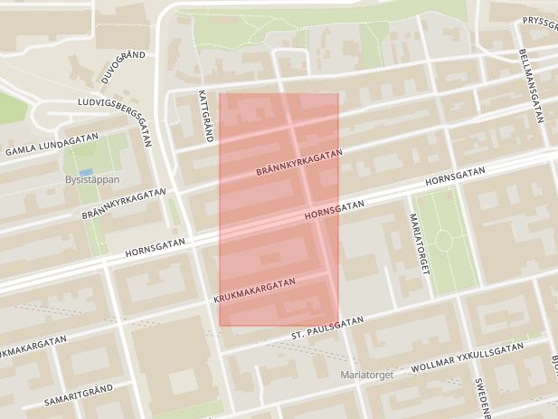 Karta som med röd fyrkant ramar in Hornsgatan, Mariatorget, Stockholm, Stockholms län