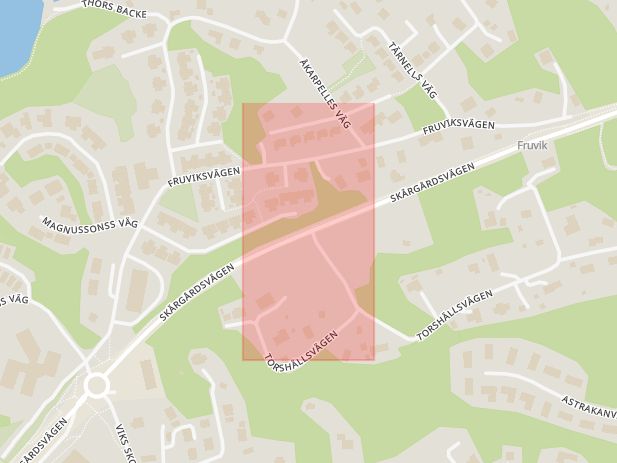 Karta som med röd fyrkant ramar in Torshällsvägen, Skärgårdsvägen, Värmdö, Nacka, Stockholms län
