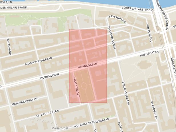 Karta som med röd fyrkant ramar in Mariatorget, Hornsgatan, Stockholm, Stockholms län