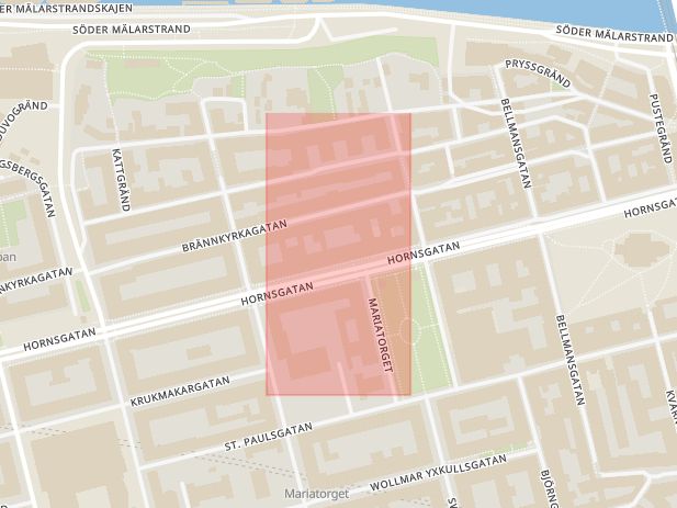 Karta som med röd fyrkant ramar in Södermalm, Hornsgatan, Lignagatan, Stockholm, Stockholms län