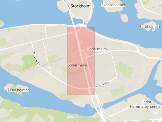 Karta som med röd fyrkant ramar in Söderledstunneln, Stockholm, Stockholms län
