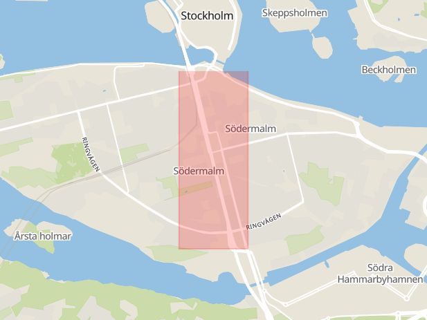 Karta som med röd fyrkant ramar in Söderledstunneln, Södermalm, Stockholm, Stockholms län