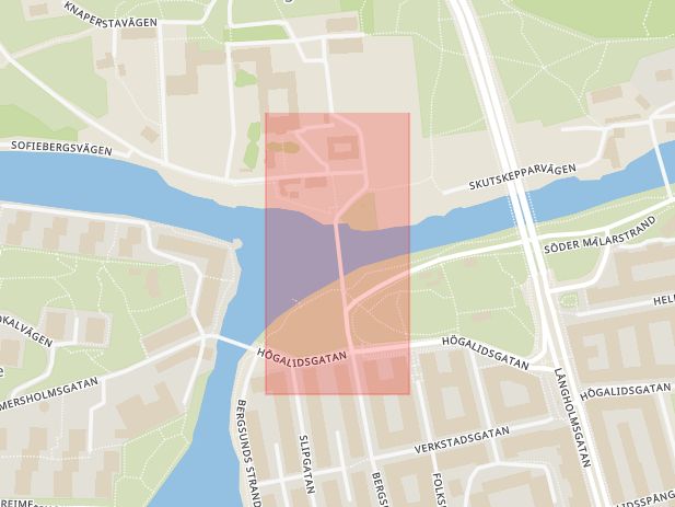 Karta som med röd fyrkant ramar in Långholmsbron, Stockholm, Stockholms län