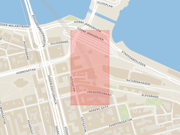 Karta som med röd fyrkant ramar in Slussens Tunnelbanestation, Stockholm, Stockholms län