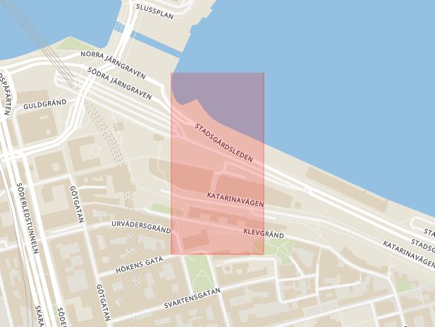 Karta som med röd fyrkant ramar in Stadsgårdshamnen, Stockholms Län, Stockholm, Stockholms län