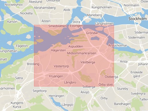 Karta som med röd fyrkant ramar in Midsommarkransen, Mälarhöjden, Telefonplan, Stockholm, Stockholms län