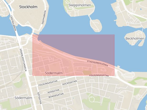 Karta som med röd fyrkant ramar in Södermalm, Stadsgårdsleden, Stockholm, Stockholms län