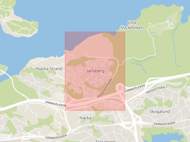 Karta som med röd fyrkant ramar in Nacka Strand, Skönviksvägen, Nacka, Stockholms län