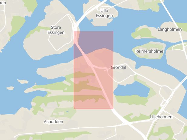 Karta som med röd fyrkant ramar in Essingeleden, Trafikplats Gröndal, Stockholm, Stockholms län