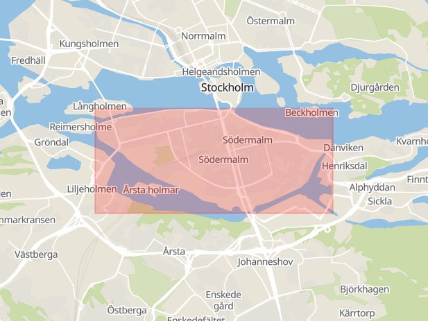 Karta som med röd fyrkant ramar in Södermalm, Karonsbo, Högsta, Lycksele, Stockholms län