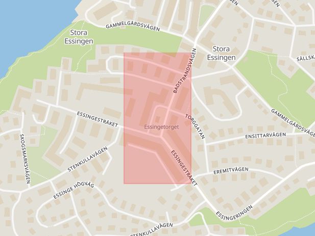 Karta som med röd fyrkant ramar in Essingetorget, Stora Essingen, Stockholm, Stockholms län