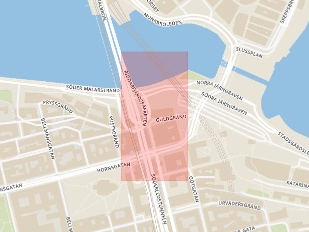 Karta som med röd fyrkant ramar in Slussen, Centralbron, Stadsgårdsleden, Stockholm, Stockholms län