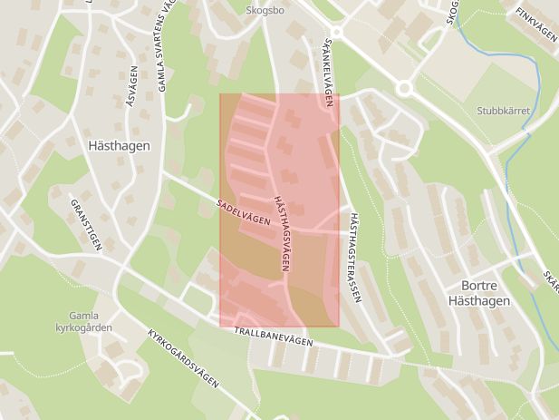 Karta som med röd fyrkant ramar in Hästhagen, Trallbanevägen, Värmdö, Stockholms län