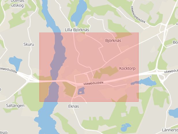 Karta som med röd fyrkant ramar in Björknäs, Värmdö, Nacka, Stockholms län