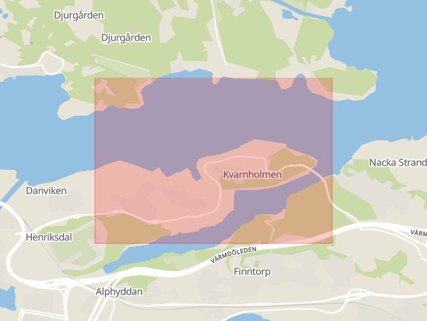 Karta som med röd fyrkant ramar in Kvarnholmen, Stockholm, Nacka, Stockholms län