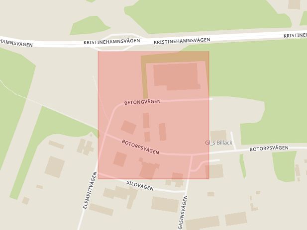Karta som med röd fyrkant ramar in Betongvägen, Botorp, Karlskoga, Örebro län