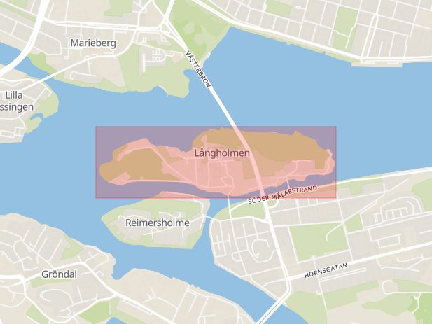 Karta som med röd fyrkant ramar in Långholmen, Hornstull, Stockholm, Stockholms län