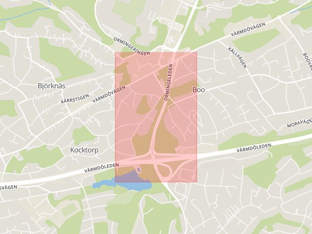 Karta som med röd fyrkant ramar in Ormingeleden, Nacka, Stockholms län