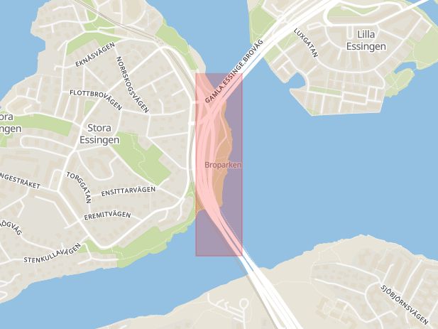 Karta som med röd fyrkant ramar in Essingeleden, Stora Essingen, Trafikplats Gröndal, Stockholm, Stockholms län
