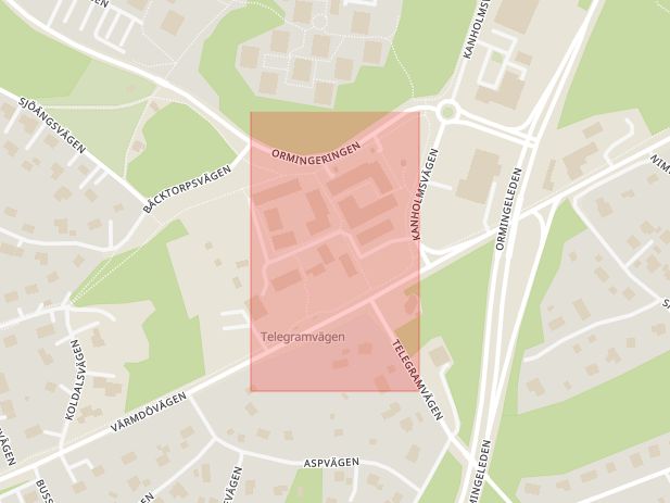 Karta som med röd fyrkant ramar in Orminge, Kommunalvägen, Nacka, Stockholms län