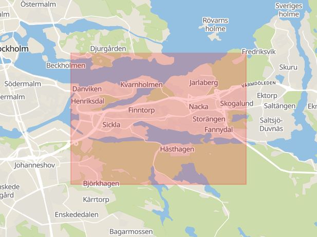 Karta som med röd fyrkant ramar in Baden, Nacka, Stockholms län