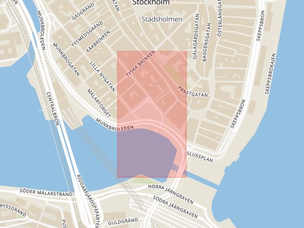 Karta som med röd fyrkant ramar in Gamla Stan, Kornhamnstorg, Stockholm, Stockholms län