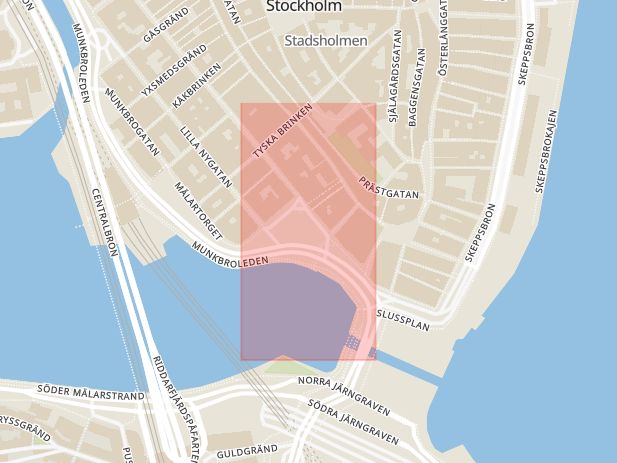 Karta som med röd fyrkant ramar in Kornhamnstorg, Gamla Stan, Stockholm, Stockholms län